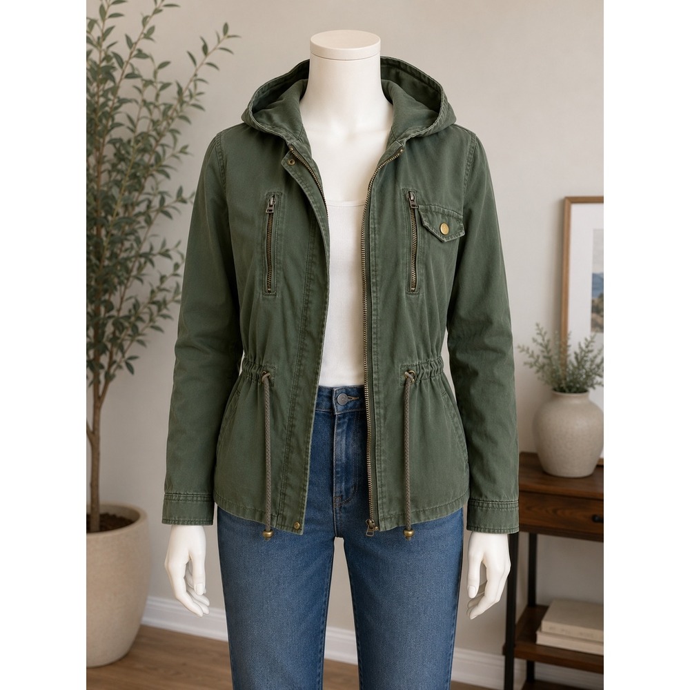 Denim Co Olive Green Utility Field Jacket Hooded Drawstring Waist Women Size 8